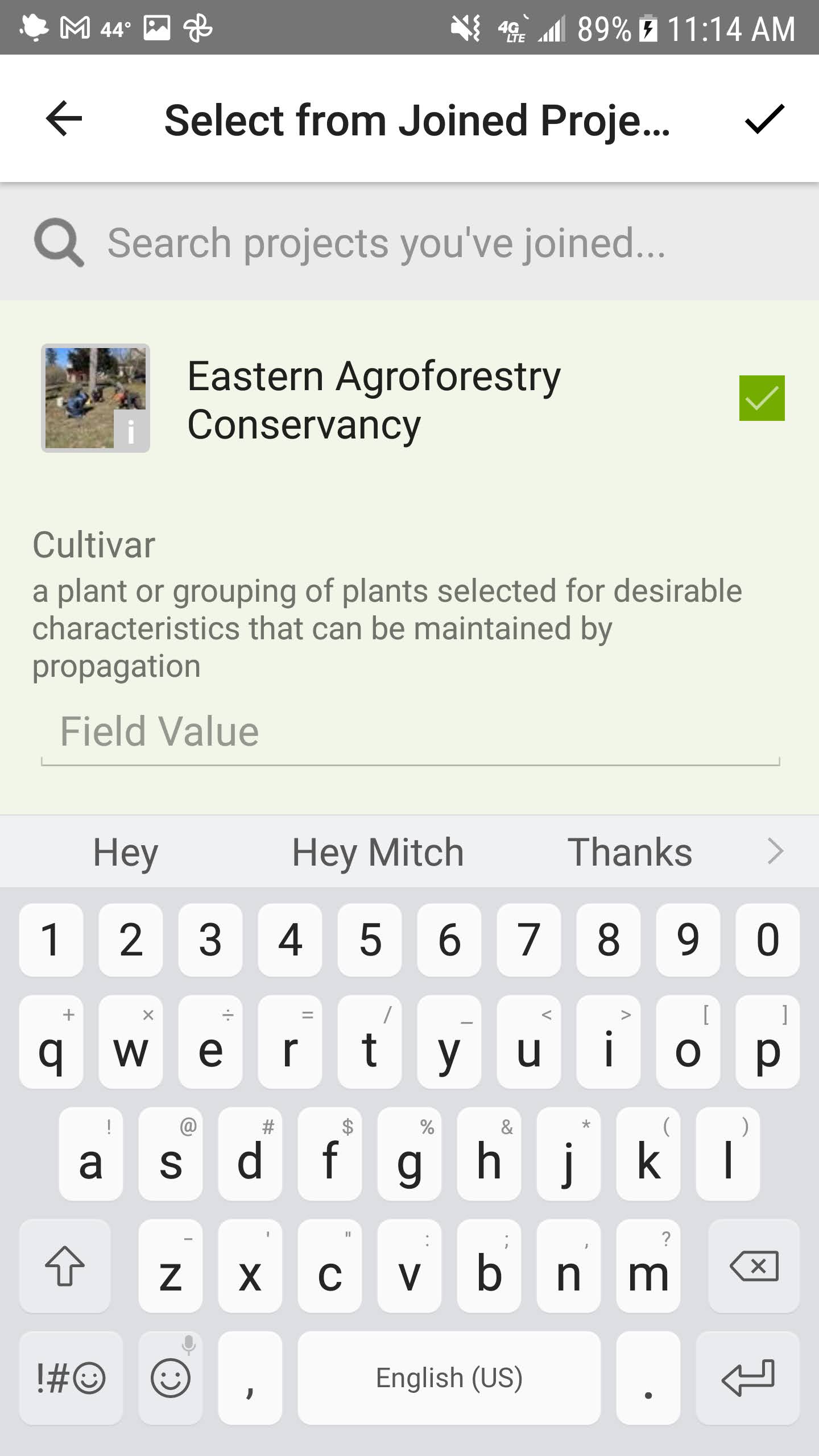 iNaturalist app after selecting a project to add an observation to.