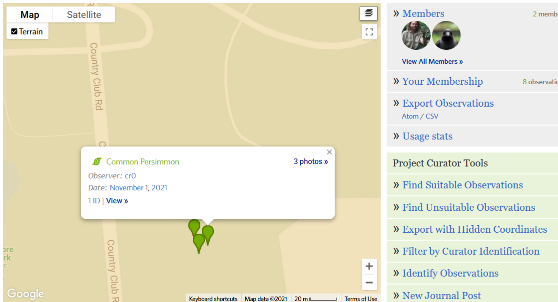 Screenshot of iNaturalist project page for EAC viewed from PC, showing map of observed species in project.